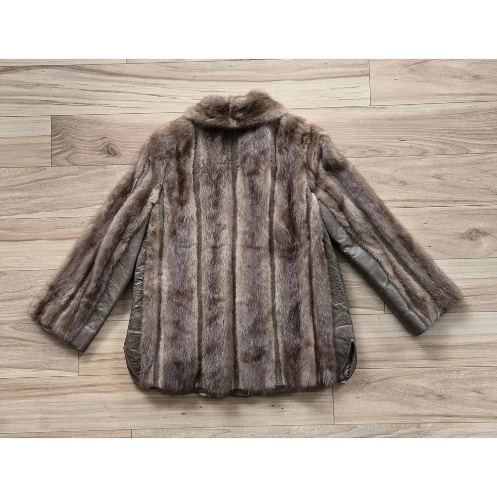 Vintage brown leather and genuine mink fur‎ button-up coat - womens M-L